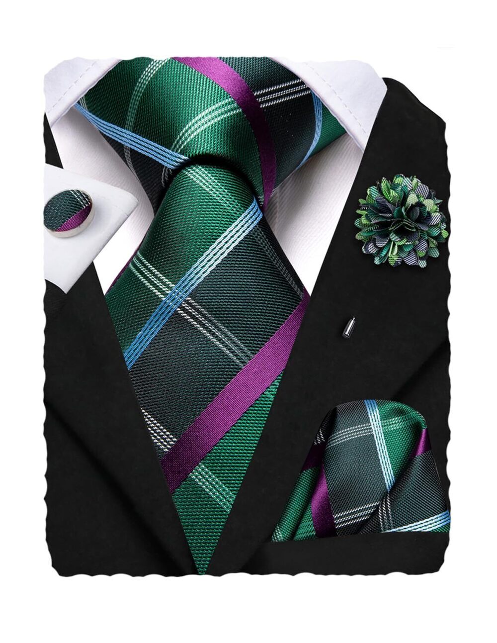 6395 Tie Set Woven Silk Ties Handkerchief Cufflinks Lapel Pin Set 4PC